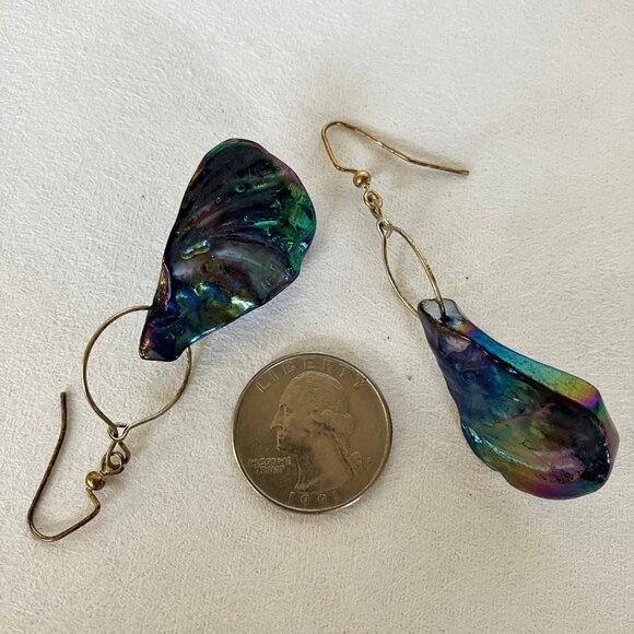 Iridescent Hoop Earrings Blue Green Purple Shell Hand Crafted Dangle Pierced New - Picture 5 of 7